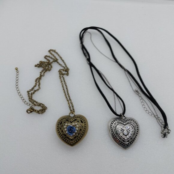2 Heart Necklace Bronze or Brass Tone Blue Flower & Silver Tone Clear Stones - Picture 2 of 11